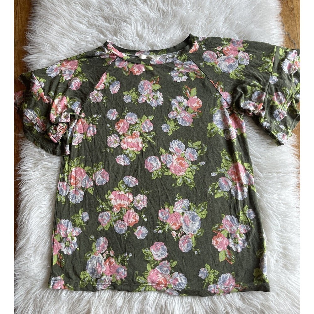 Matilda Jane Womens Sz XS Green Floral Print Ruffle Short Sleeve blouse